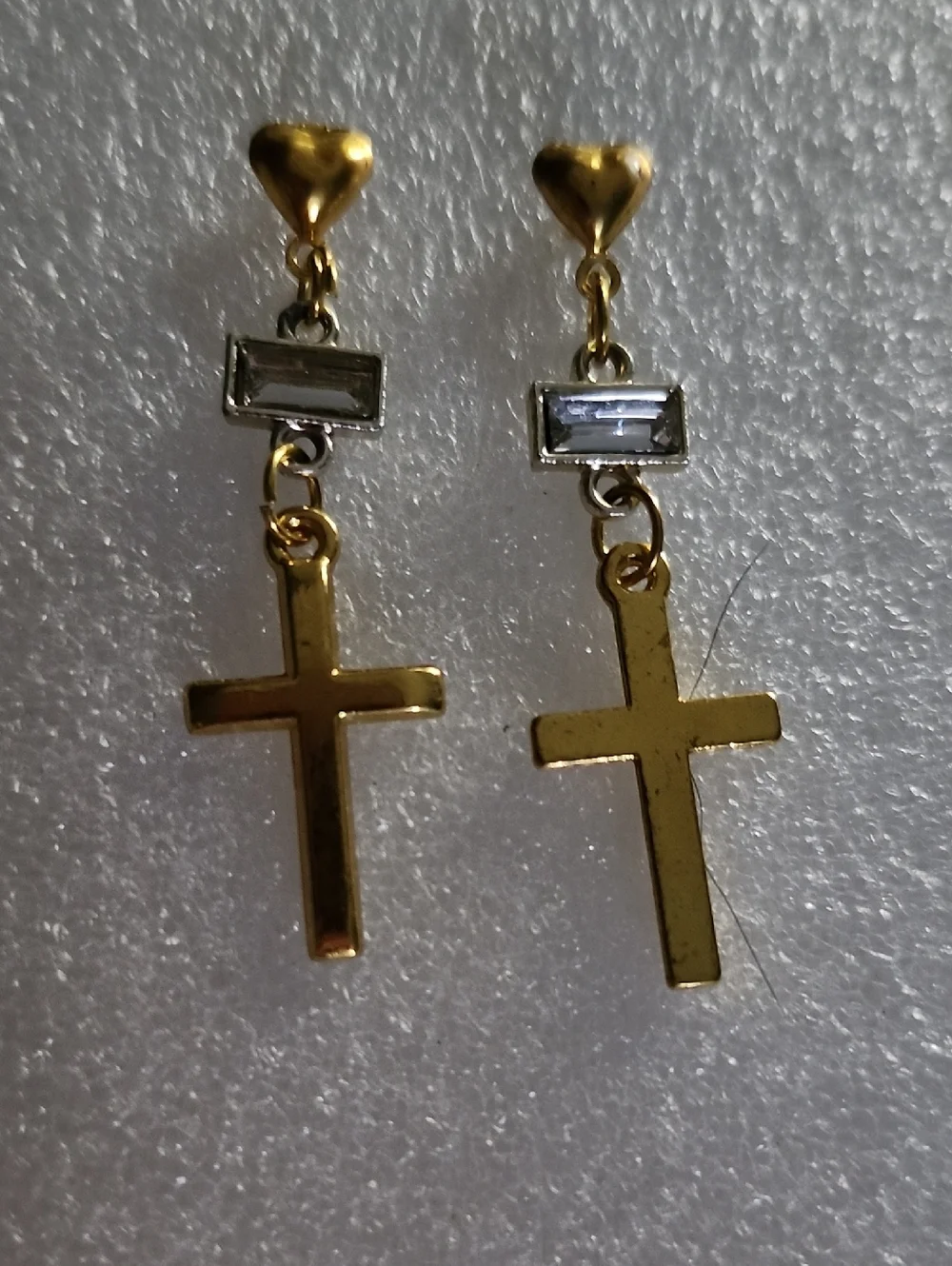 Hand Crafted Gold Cross Drop Earrings with Clear Stone
